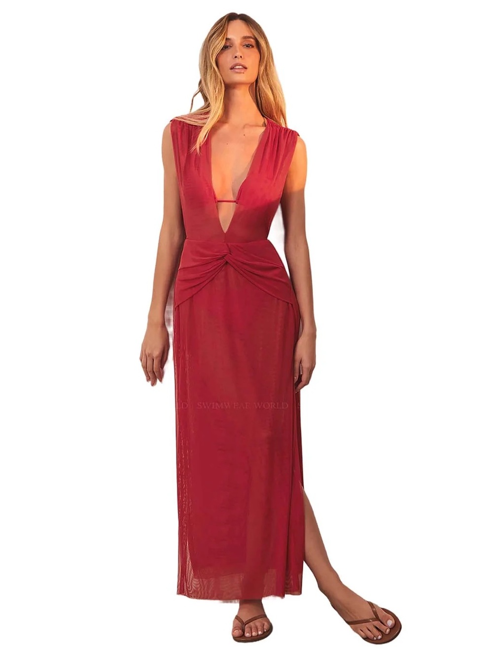 new Vix Paula Hermanny Cindy Long plunge v neck mesh coverup dress in red